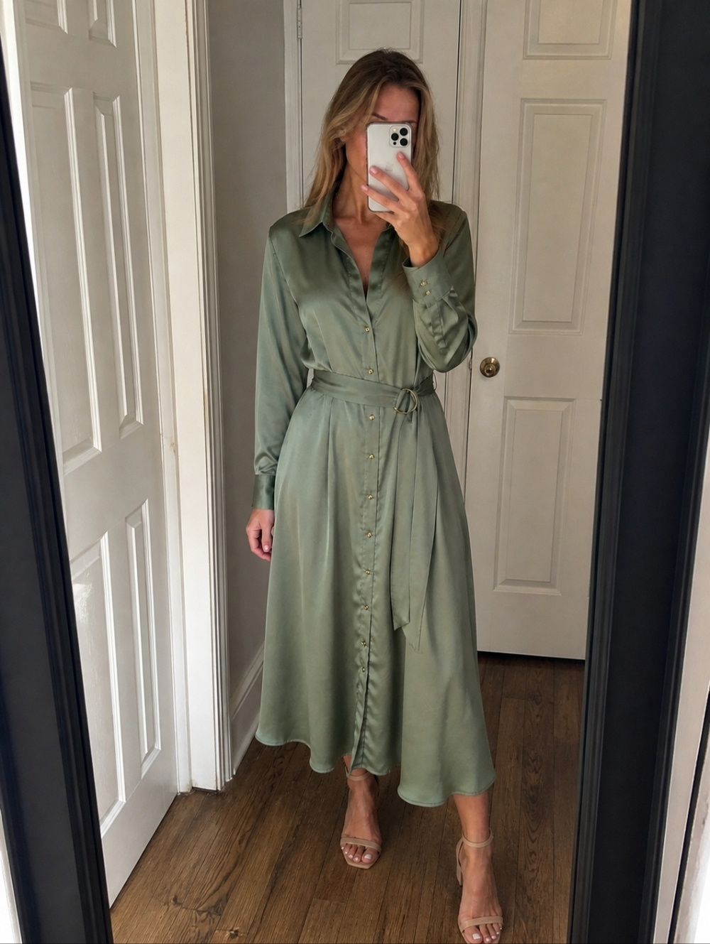 French Connection Olive Green Satin Shirt Dress NWT Belted Midi